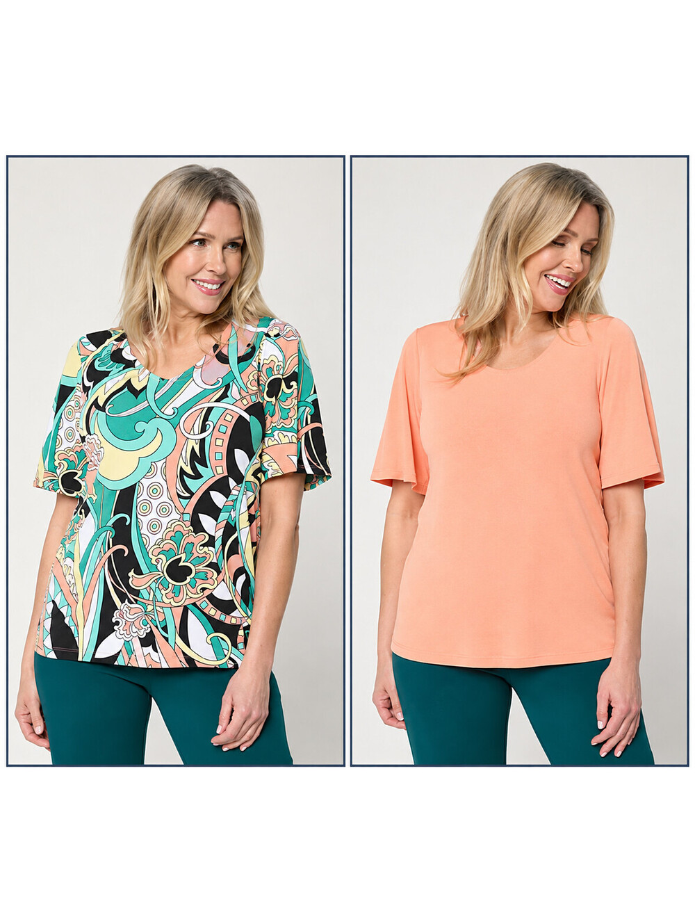 Susan Graver Set of Two Print & Solid Liquid Knit Tops Mint/Tangerine, Medium